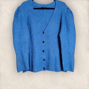 1. STATE Blue Button-Down Cardigan with V-Neckline and Puff Sleeves, Size 2X